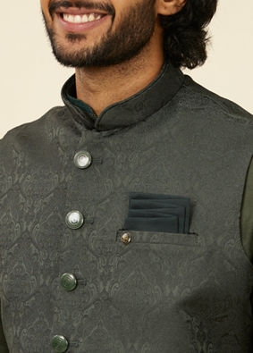alt message - Manyavar Men Dark Green Victorian Patterned Nehru Jacket image number 1